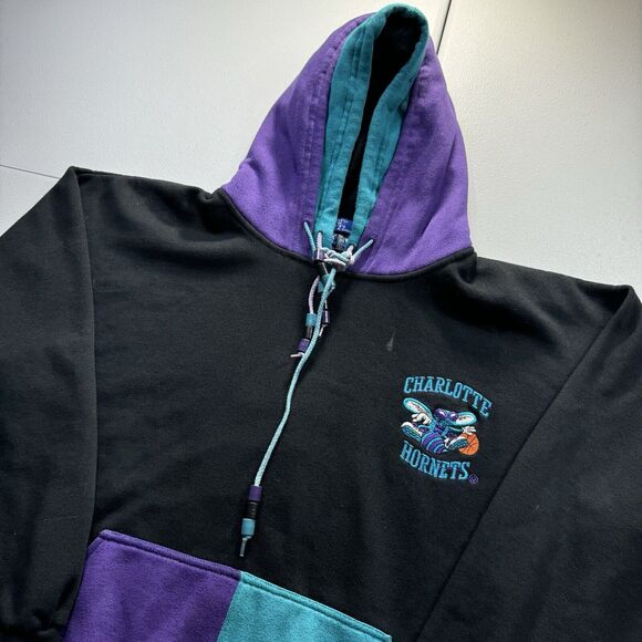 Vintage Starter Charlotte Hornets Hoodie Men’s Large Black‎ Double Faced NBA 90s - Picture 2 of 8